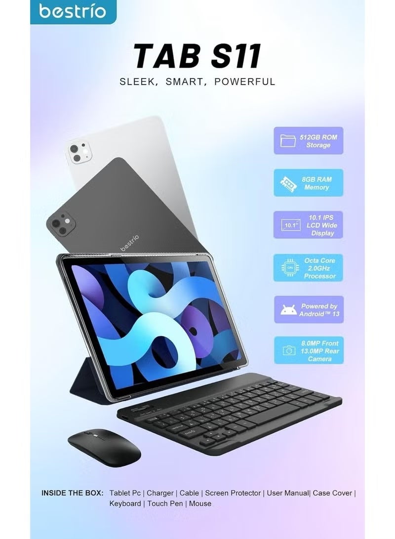 BESTRIO S11 Android 13 Tablet 10.1-Inch Display | 8GB RAM 512GB Storage | Octa-Core 2.0GHz Processor | 5G Connectivity | Tablet with Keyboard and Mouse - Image 2